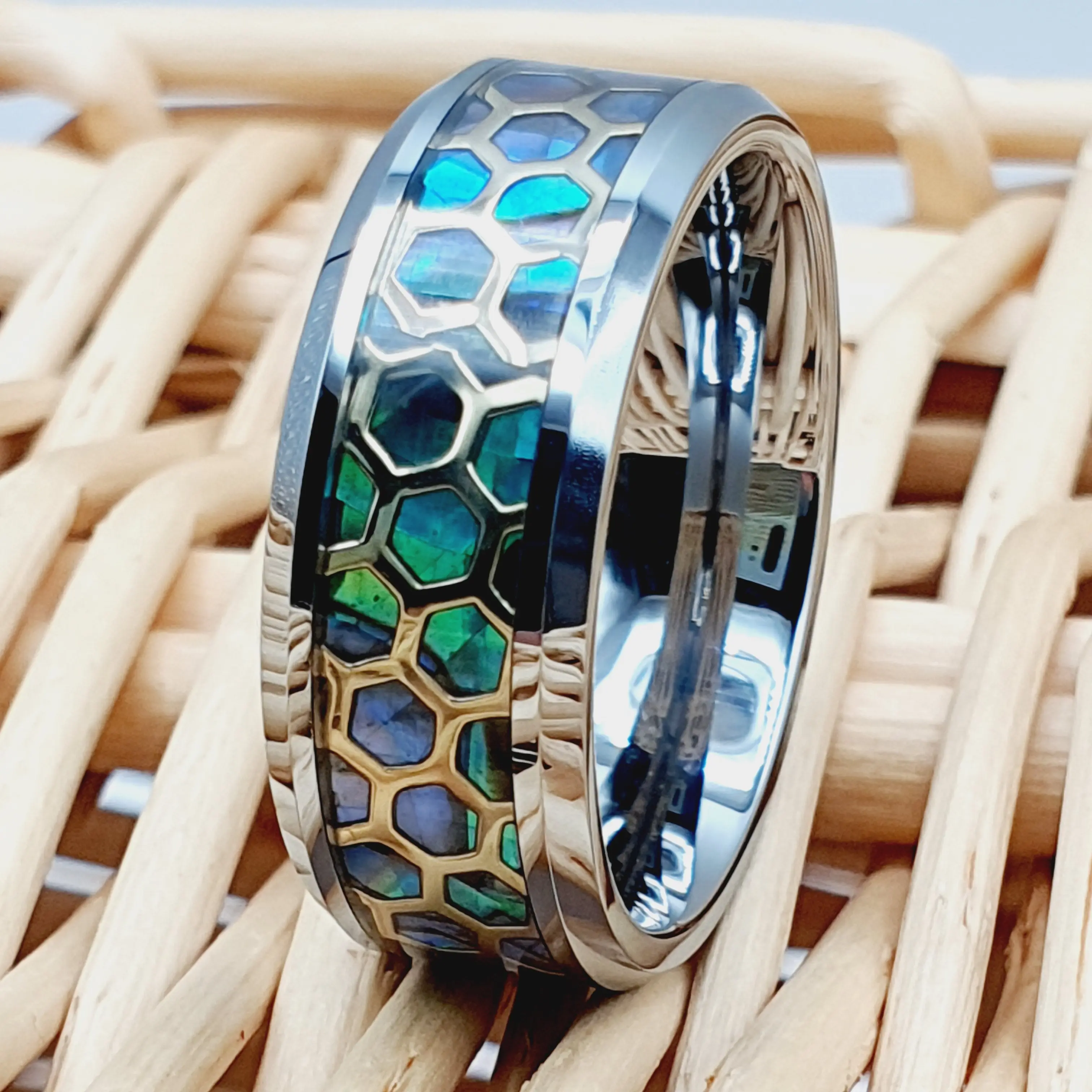 Men's Abalone Inlay Honeycomb Silver Beveled Edge Wedding Band - Personalized Engrave Wedding Rings for Men