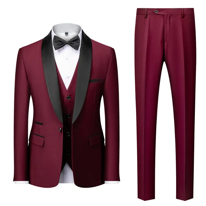 Men's Suit Three-piece Set Green Fruit Collar Groom Wedding Suit Men's Slim Burgundy Best Man Wedding Dress