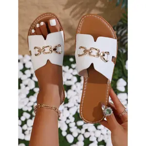 Chain Sandals, Flat Sole Slip-Ons, Metal Decorative Flip Flops, Summer Beach Shoes, Vacation Casual Footwear, Open-Toe Slippers