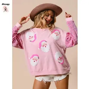 Womens Christmas Santa Sweatshirt Sequin Long Sleeve Crew Neck Pullover Tops Casual Streetwear