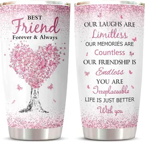 Best Friend Tumbler with Heart Tree Design, Forever & Always Friendship Gift, Sentimental Pink Butterfly Travel Mug, Bestie Birthday Christmas Appreciation Present, 20oz Insulated Stainless Steel Cup for Women, Sisters, and Soulmate Friends