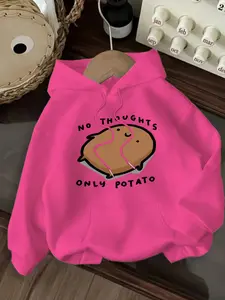 NO THOUGHTS ONLY POTATO graphic print hoodie, drawstring casual hooded sweatshirt for winter & fall, New women's clothing