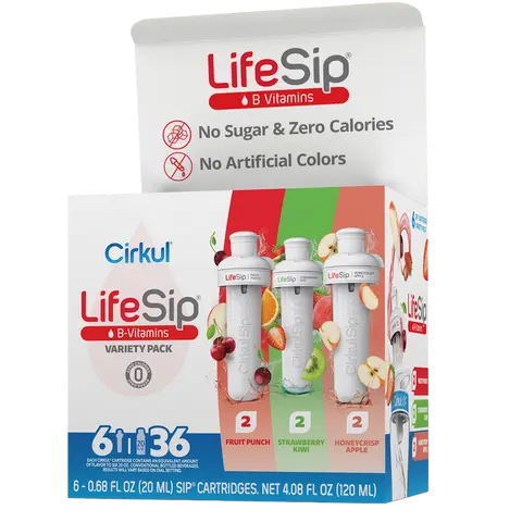 LifeSip® 6-Piece Plastic Fruit-Infusable Kitchen Drinking Ware Variety Pack - B Vitamin-Enriched, Reusable, with Flavor Cartridges (2 Fruit Punch, 2 Strawberry Kiwi) for Daily Use