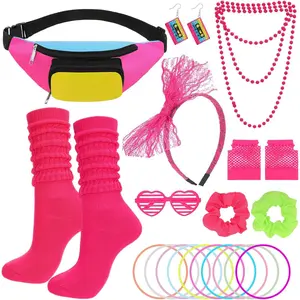 80s Costume Accessories Set, Neon Retro Fanny Pack Hairband Fishnet Slouch Socks for Party Halloween