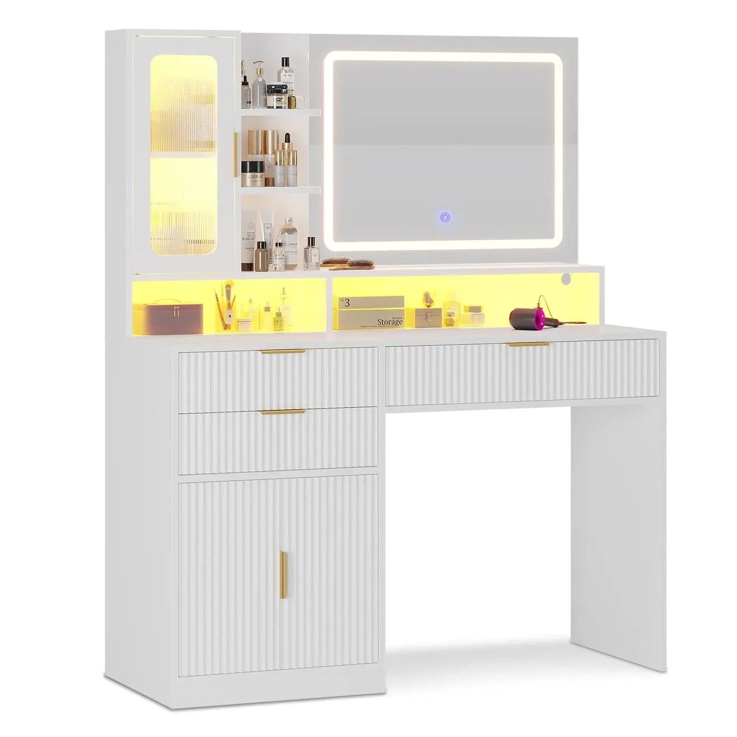 42.5 Inches Fluted Makeup Vanity with Touch Screen Mirror and Lights White