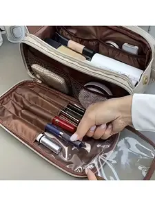 Women's Large Capacity Pink Tri-Fold Travel Makeup Organizer with Faux Leather Lining & Multiple Zippered Pockets Wrist Strap for Brushes Toiletries Jewelry Storage