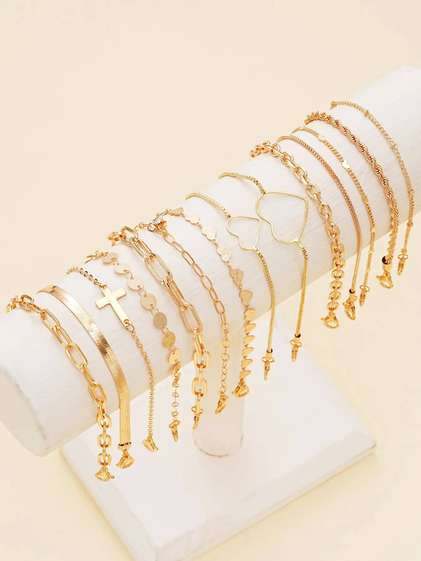 Women's Elegant Stackable Bracelets Set, 14pcs/set Cross & Heart Design Link Bracelet & Chain Bracelet, Fashion Casual Trendy Jewelry for Party, Daily