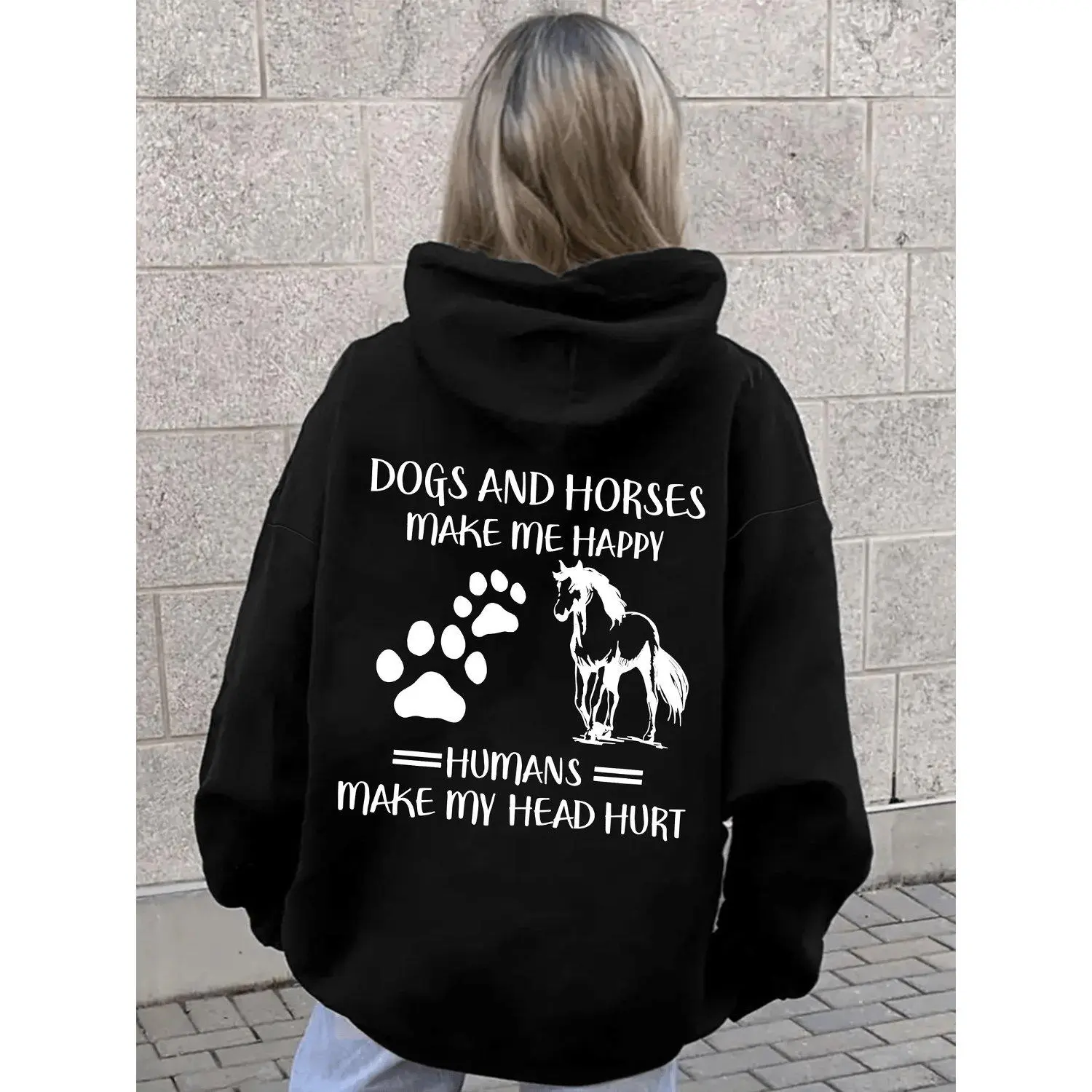 Casual Long Sleeve Hooded Sweatshirt Horse Letter Print Kangaroo Pocket Drawstring Pullover Comfortable Lightweight Everyday Streetwear