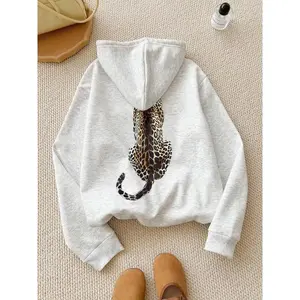 Women’s cartoon leopard print drop shoulder hoodie, fashion casual drawstring pocket hooded sweatshirt for daily, holiday, and outdoor wear; women’s clothing for fall and winter