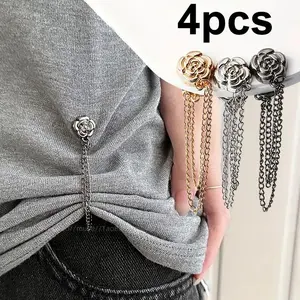 4pcs Camellia T-Shirt Buttons, Adjustable & Decorative, Durable Short Sleeves, Overlong Hem Fixing, Fashion Pins, Metal Fasteners