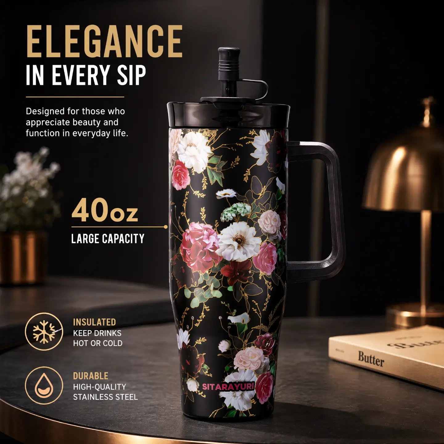40oz Rose & Gold Gilded Stainless Steel Insulated Tumbler with Handle, 2-in-1 Dual Drink Lid & Dust-Proof Straw Cover, Vacuum Travel Mug for Hot/Cold, Car Office Drinkware, Perfect Gift for Girlfriend