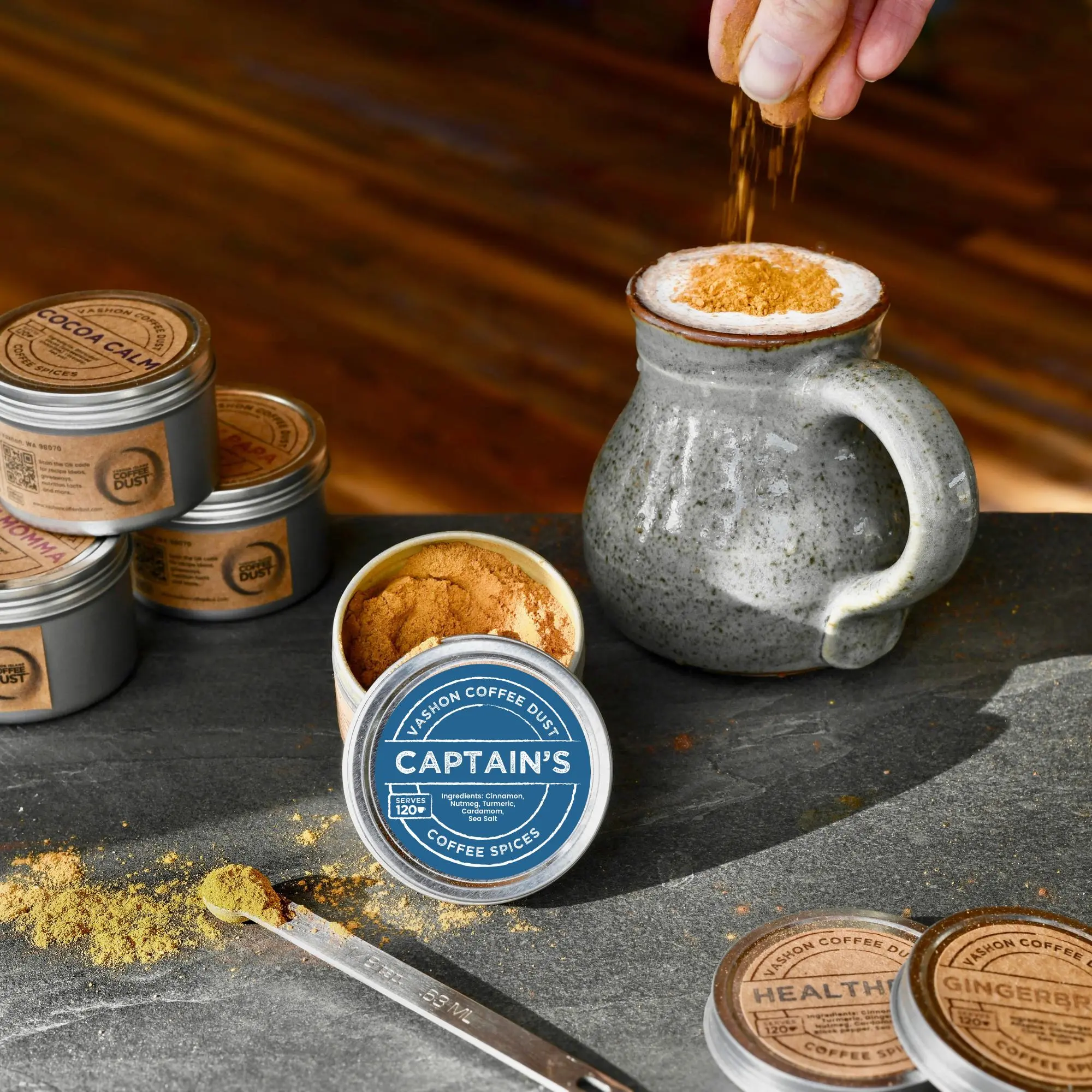 Captain's Coffee Dust | 120 servings | Coffee Flavoring using Spices: Cinnamon, Nutmeg, Turmeric, Cardamom and Sea Salt