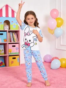 Girls' 2-Piece Cute Cartoon Animal Print Round Neck Short Sleeve Long Pants Summer Home Sleepwear Set, Cartoon Print Pajama, Comfortable and Stylish