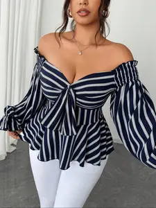 [Plus Size] Cherry Print Fitted Blouse, Shirt, Casual Striped Long Sleeve Top for Summer, Women's Plus Clothing for Daily Wear, Everyday