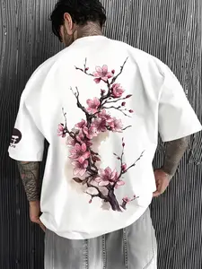 Men's Tokyo Sakura Cherry Graphic Print T-Shirt, Casual Summer Loose Fit Short Sleeve Tee for Sports & Daily Wear, Comfortable Floral Style, Fitted