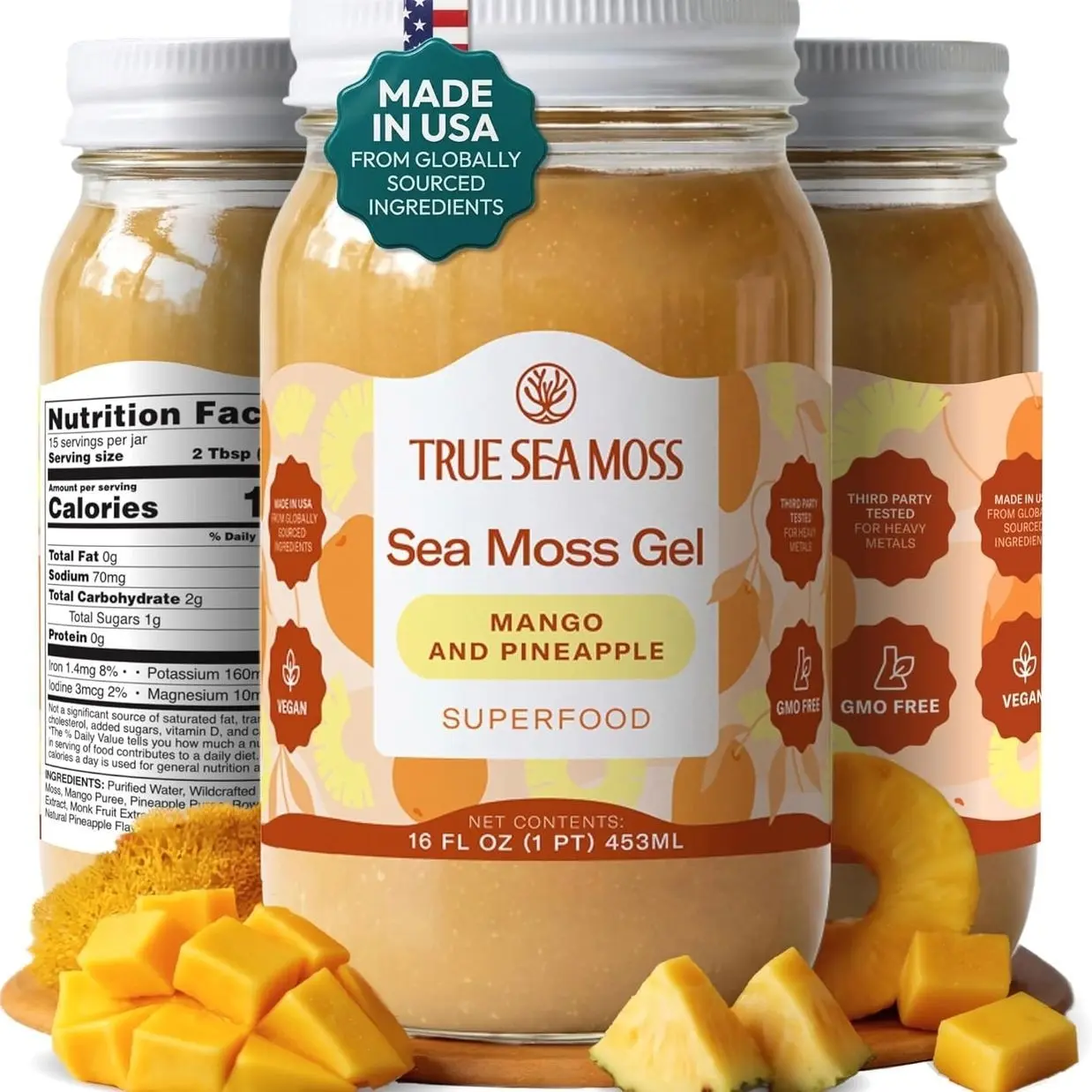 TrueSeaMoss Sea Moss Gel – Made in USA – Wildcrafted Seamoss, Fruits & Jarred Vegetables – Mango/Pineapple, Pack of 1 (Labels may Vary)