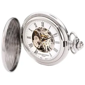 212 MAIN Women's Modern Charles-Hubert Paris Stainless Steel Mechanical Pocket Watch - Round Face, Skeleton White Dial, Curb Chain, Checker-Textured Design