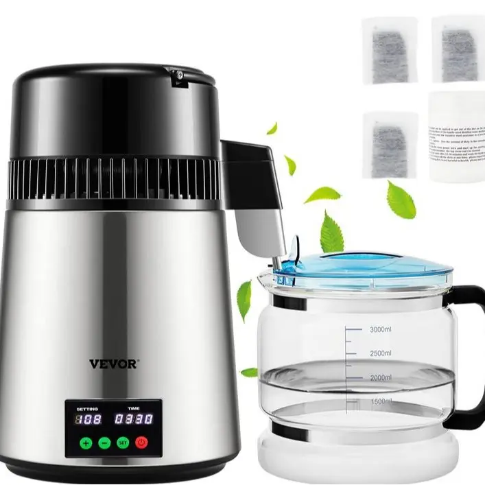 VEVOR-1.1Gal Water Distiller 0.3Gal/H Distilled Water Maker Machine 750W 0-99H Timing Dual Temp Display Stainless Steel - Silver