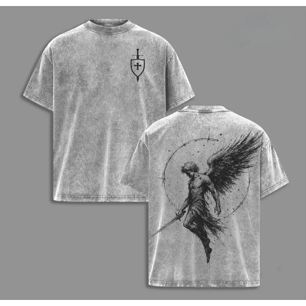 Sanctus Michael Archangelus x Flaming Sword x Shield x Scales of Justice Archangel Michael T-Shirt Washed Church Outfit Gym Pump Cover ,Christian Religious , Jesus Apparel