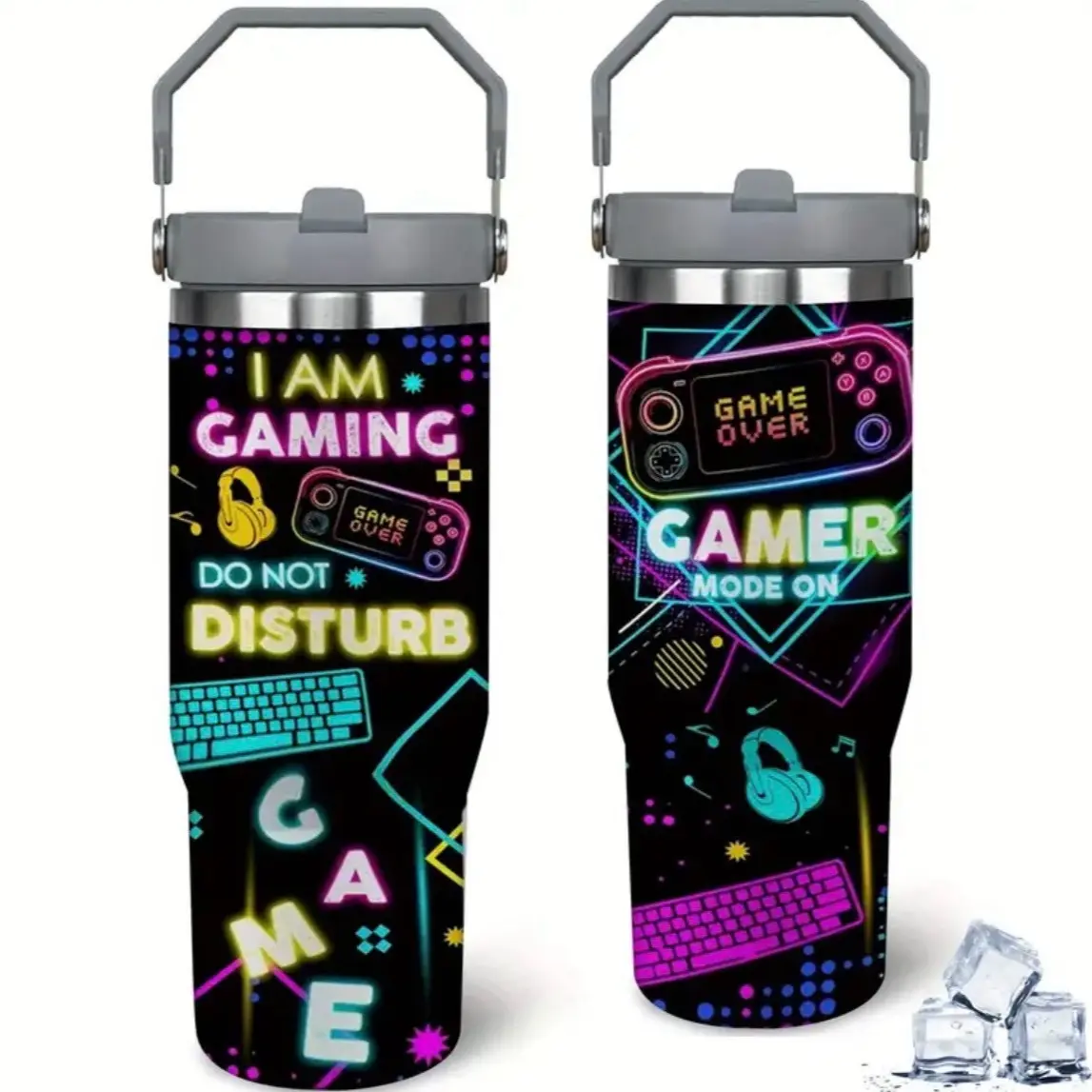 30 Oz Insulated Gamer Mug - Stainless Steel Travel Tumbler with Straw and Handle - Drinkware, Flasks