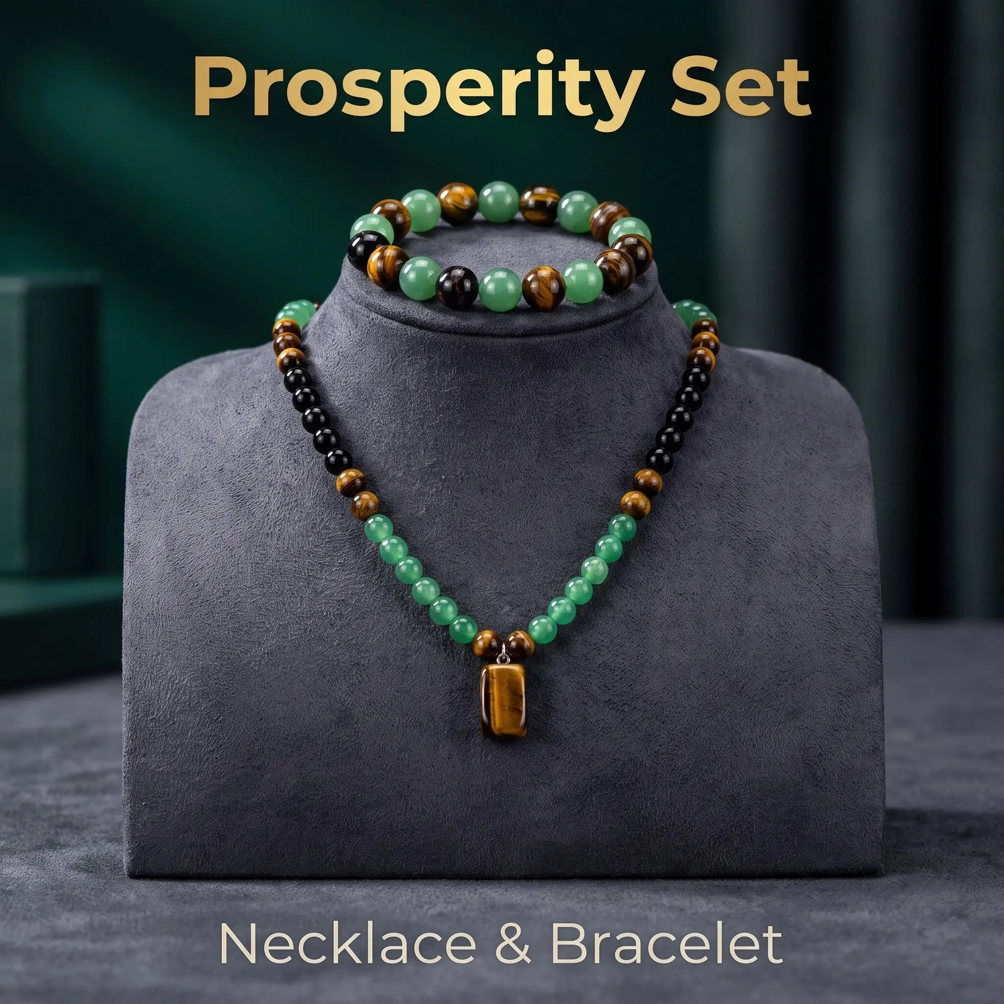 Unisex 2-Piece Beading Crystal Jewelry Kit - Natural Tiger Eye & Green Aventurine Necklace, Bracelet for Streetwear, Protection, Prosperity, All-Season Wear