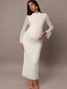 BELLAdresses Elegant White Lace Maternity Dress - Flare Sleeve & Stand Collar Fitted Gown for Wedding Guest & Birthday