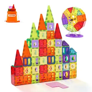 VEVOR Magnetic Tiles, 180 PCS Magnetic Building Blocks for Kids, Magnet Building Set with 2 Car Bases Ferris Wheel Stand, STEM Educational Construction Stacking Toys for Toddlers Boys Girls Aged 5+
