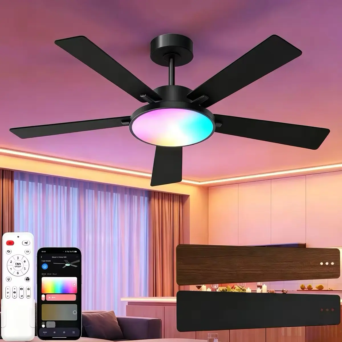 CINOTON Smart Ceiling Fan with Lights,Adjustable RGB， 52'' RGBCW Ceiling Fan with Lights and Remote App Voice Control, Reversible DC Motor, 2600lm Dimmable, 6 Speeds & 2 Fan Modes, Quiet Fan for Bedroom, Living Room