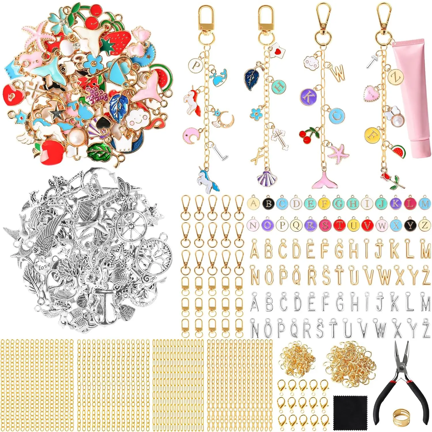 636Pcs Lip Gloss Charms Keychain Kit, DIY Bag Kit with 178 Charms, 45 Keychain Hooks, 60 Extender Chains, Jump Rings and Jewelry Plier | Gifts for DIY Craft and Jewelry Making