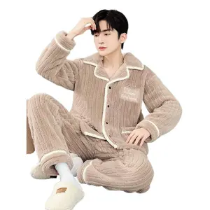 Men's 2-Piece Fluffy Coral Fleece Pajama Set, Autumn Winter Long Sleeve Thick Flannel Cuffed Cardigan Nightwear, Breathable Fabric Warm Mens Loungewear