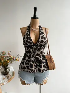 INAWLY Women's V-Neck Backless Camisole, Casual Leopard Print Vacation Top, Bohemian Style, Suitable For New Year, Valentine's Day And Other Occasions
