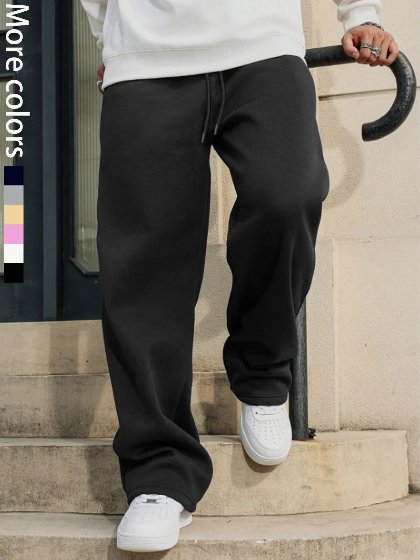 Korean-Style Drawstring Men's Plain Mid-Waist Pants - Autumn Winter New Casual Relaxed Fit Bottoms, Back to School Menswear, Korean-Style Men's Pants, Drawstring Men's Pants