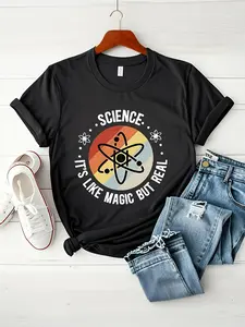 Women'S Science Pattern T-Shirt- Soft Everyday Style, Funny Slogan "Science Is Not Magic, It'S Real Magic"- Black Casual Shirt, Must-Have for STEM Women and Science Enthusiasts- Machine Washable, Comfortable All-Season Clothing, Skin-Friendly Fabric