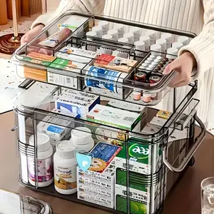 Durable Dual-Layer Medicine Storage Box with Handle, Transparent Waterproof Design, Multi-Compartment Organizer for Home & Travel Use