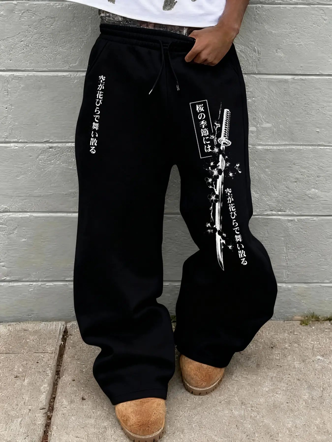 Women's Loose Straight Leg Pants, High Street Style Japanese Tokyo Sword Print, Drawstring Waist, Spring & Fall Fashion