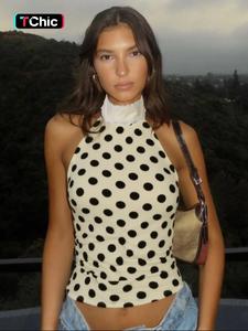 women's polka dot print contrast lace halter neck tank top, chic backless sleeveless top for daily holiday vacation wear, ladies clothes for summer, womenswear