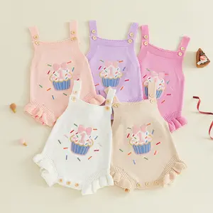 Afunbaby  Baby Girl Birthday Knit Overalls Sleeveless Square Neck Letter Bow Embroidery Sweater Romper Summer Jumpsuit