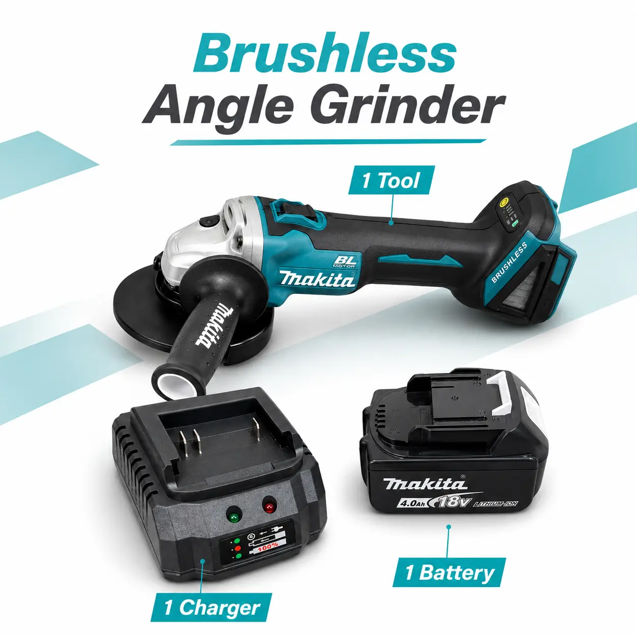 Makita DGA404 125mm Brushless Cordless Angle Grinder - 18V Battery-Powered, Variable Speed Cutting Machine for DIY, Different Materials, Areas Where a Cord Would Be a Hindrance, Enhancing Productivity