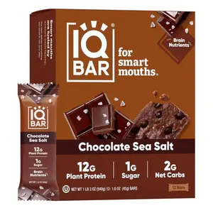 IQ BAR, Brain and Body Plant Protein Bars - Chocolate Sea Salt - 12 Count, Low Carb, High Fiber, Gluten Free - Low Sugar Keto Energy Bar Snack