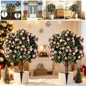 DLDA 24-in Artificial Pink Rose Topiary Ball Trees (2-Set), UV-Resistant All-Weather Faux Evergreen Bushes with Ground Spikes, Realistic Fake Flower Shrubs for Outdoor Garden & Indoor Tabletop Decor, Christmas Gift for