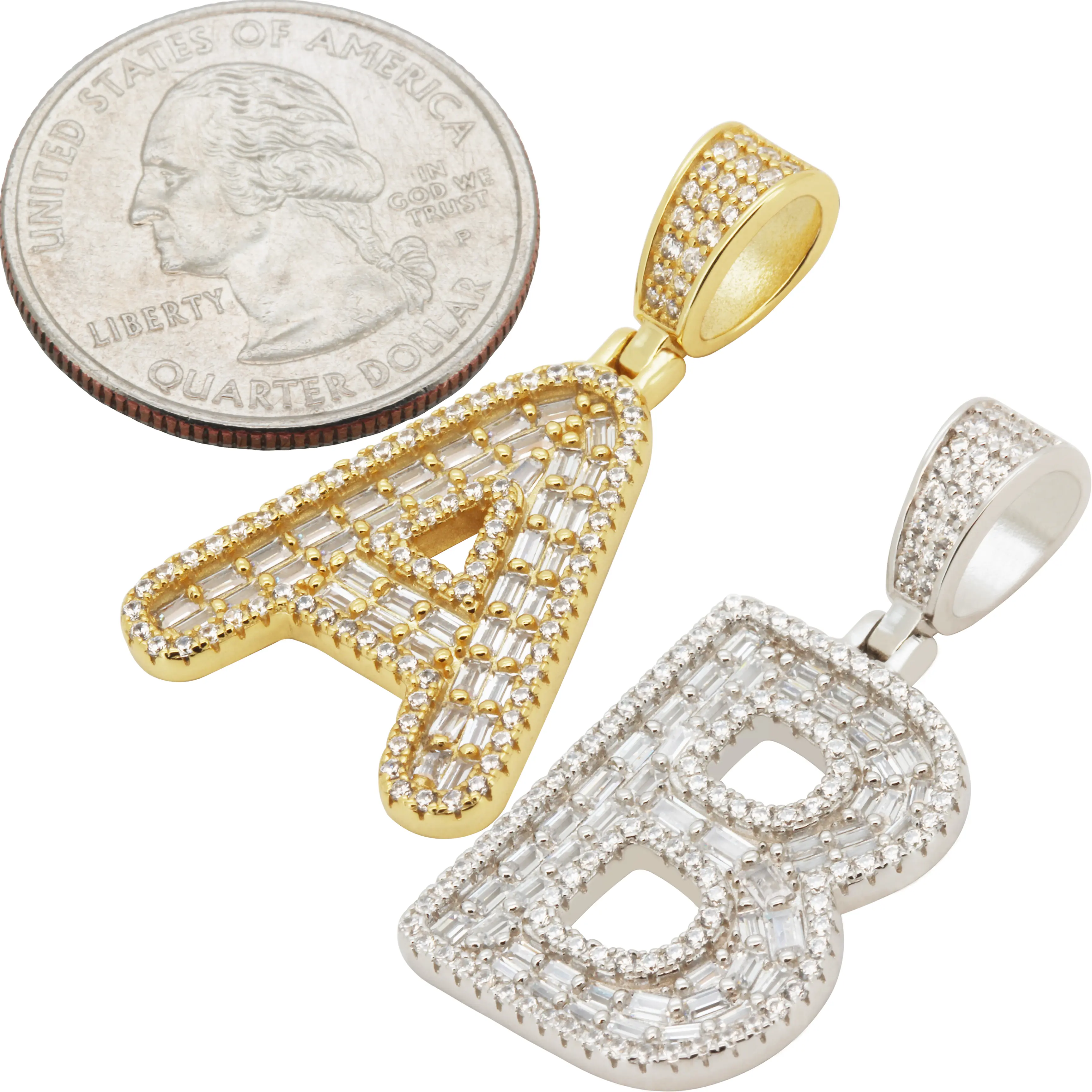 925 Sterling Silver 14k Gold Vermeil AAA Cubic Zirconia Baguette Initial Pendant