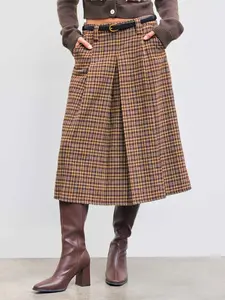 Cider [2 colors, size 0-26] Wool-like Mid Rise Checks Pleated Maxi Skirt With Belt
