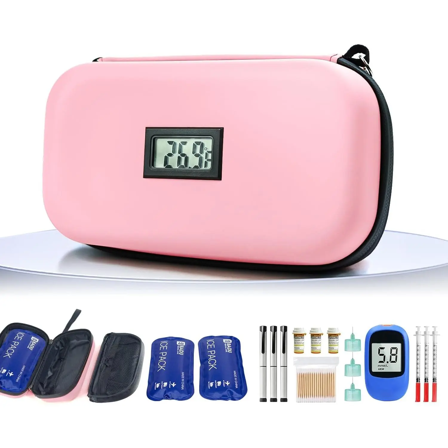 TSA Approved Insulin Cooler Travel Case Medication Cooler for Travel with Thermometer Temperature Display Diabetic Medication Organizer Medical Travel Cooler Bag with 2 Ice Pack