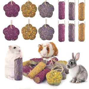 12PCS Rabbit Chew Sticks, Hanging Chew Sticks & Cakes Timothy Hay Rose Chrysanthemum Treat for Bunny Chinchilla Guinea Pig Hamster and Other Small Pets Molar Snack Toy