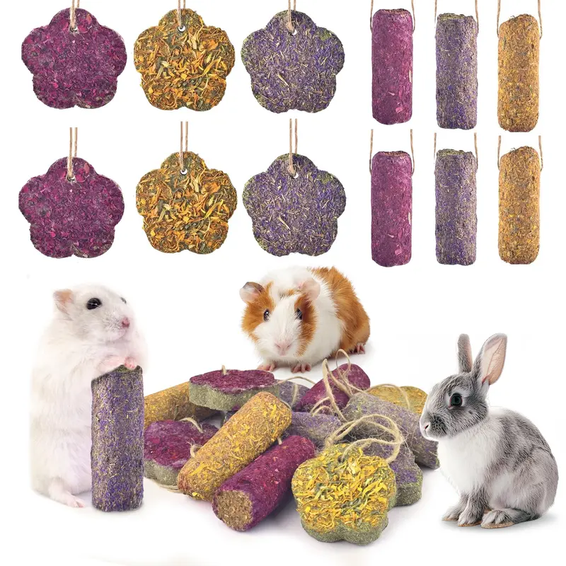 12PCS Natural 3 In 1 Mixed Flavors Bunny Treat Pack - Hanging Sticks, Timothy Hay Cakes, Rose & Chrysanthemum Chew Treats, Interactive Molar Toy for Small Pets, High-Temperature Molded, No Glue/Pigments, Aids Digestion, Teeth Health & Tension Relief