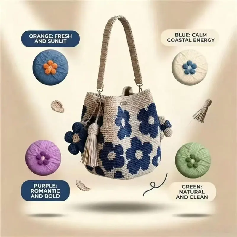 Handmade Crochet Floral Bucket Bag, Polyester Tassel Crossbody Purse with Adjustable Strap, Magnetic Snap Closure Boho Summer Shoulder Handbag for Women