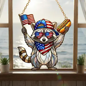 America Raccoon Hot Dog Suncatcher, Funny 4th of July Raccoon Window Hanging, Patriotic American Flag
