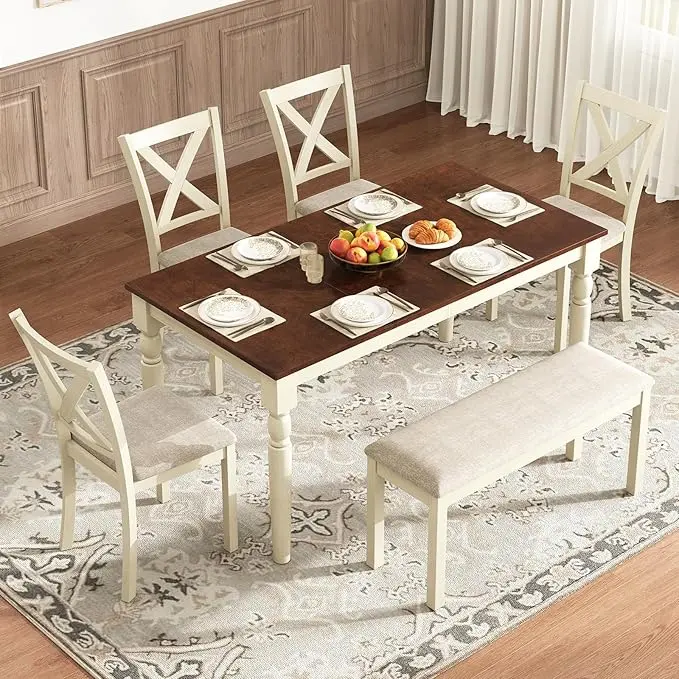 [Summerwins] [SummerFinds] AMERLIFE 6-Piece 60"/71" Solid Wood Dining Table Set, Large Dining Table with 4 Upholstered Chairs & 1 Long Bench, for Dining Room, Kitchen, Brown & Cream/Best Gift Ideas/Christmas Gifts