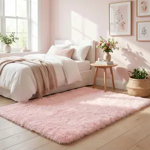PLUMLIK Pink Area Rugs For Living Room Bedroom, Upgrade Non Slip Fluffy Soft Pink Shag Carpet, Kid And Pet Friendly, Rugs With 4 Stickers, Indoor Floor Shaggy Plush Rug, Esthetic Decor, Gift For Mother's Day, Easter, Dry Clean Only