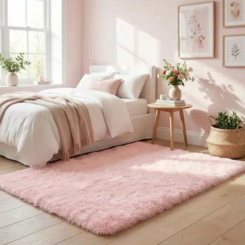 【Moving Season】PLUMLIK Pink Area Rugs For Living Room Bedroom, Upgrade Non Slip Fluffy Soft Pink Shag Carpet, Kid And Pet Friendly, Rugs With 4 Stickers, Indoor Floor Shaggy Plush Rug, Esthetic Decor, Christmas Gifts, room decor for girls, Room Accessor
